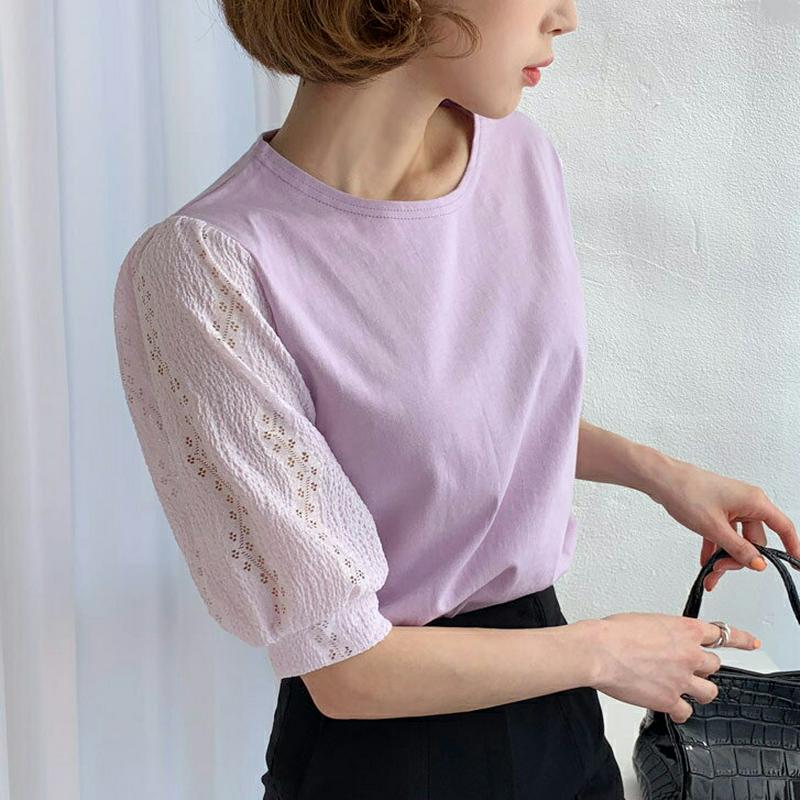 レースショートスリーブTシャツ・全2色・t55097 レディース 【tops】【トップス Tシャツ 半袖 パフスリーブ レース 