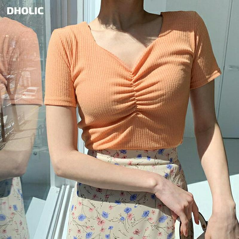 ギャザー半袖Tシャツ・全4色・t55093 レディース 【tops】【トップス Tシャツ Vネック ギャザー リブ 半袖 スリム