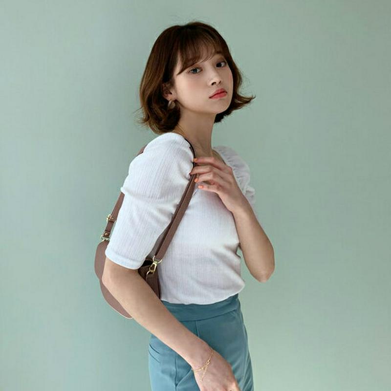 スクエアパフ半袖Tシャツ・全4色・t55094 レディース 【tops】【トップス Tシャツ スクエアネック パフスリーブ 半袖