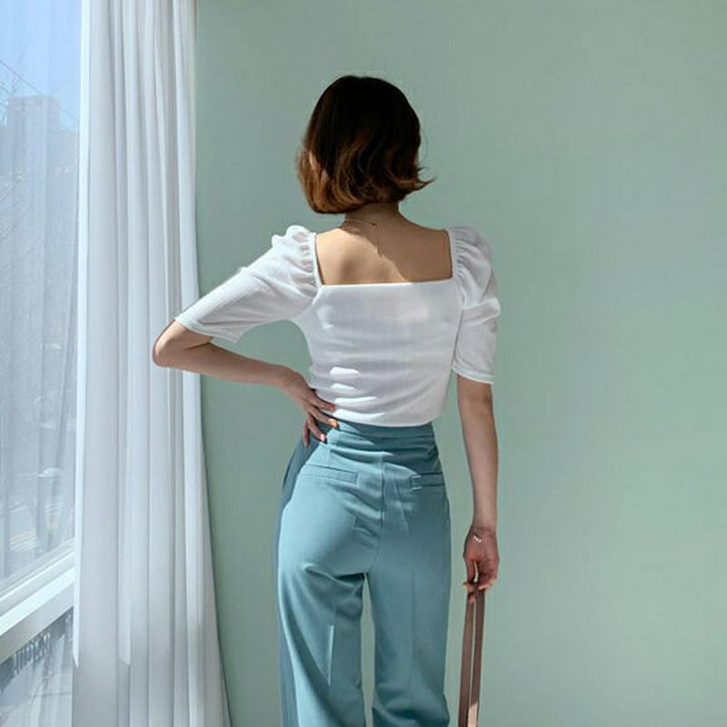 スクエアパフ半袖Tシャツ・全4色・t55094 レディース 【tops】【トップス Tシャツ スクエアネック パフスリーブ 半袖