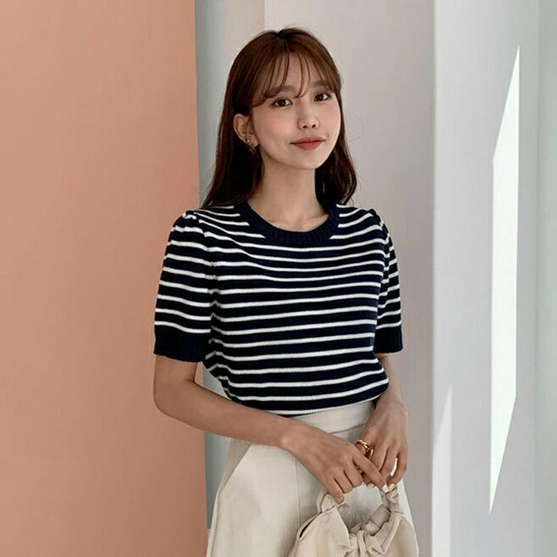 ボーダー半袖ニット・全3色・b55106 レディース 【tops】【ニット トップス 半袖 薄手 ボーダー スリム カジュアル 