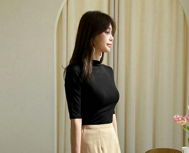 モックネックスリムTシャツ・全3色・t61431 レディース【tops】【トップス Tシャツ 半袖 ハーフスリーブ モックネック