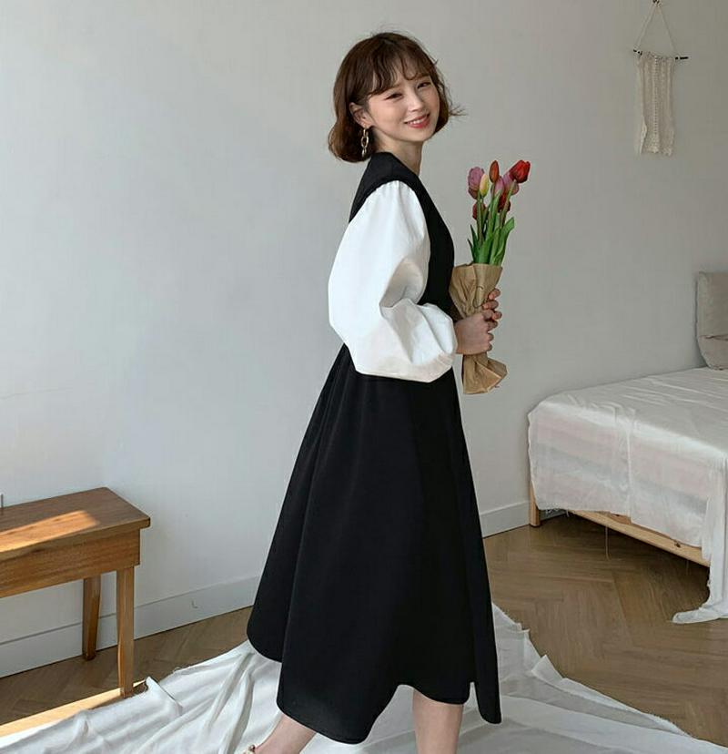 配色スウェットワンピース・全2色・b55139 レディース 【ops】【ワンピース ロング丈 ロング 長袖 切り替え レイヤード