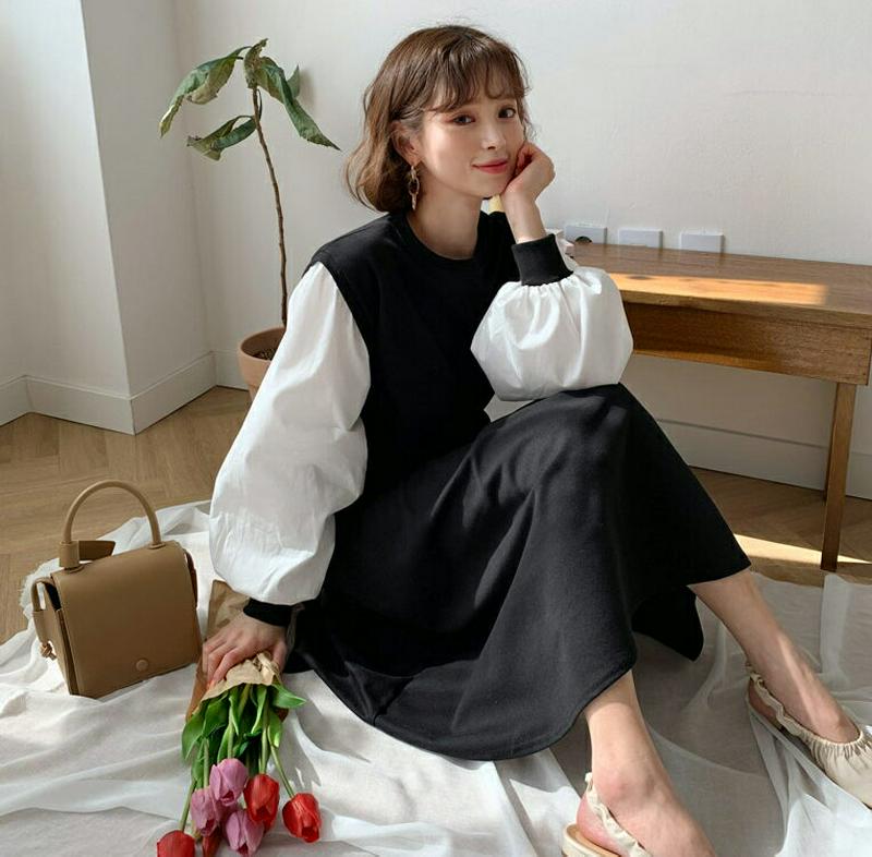 配色スウェットワンピース・全2色・b55139 レディース 【ops】【ワンピース ロング丈 ロング 長袖 切り替え レイヤード