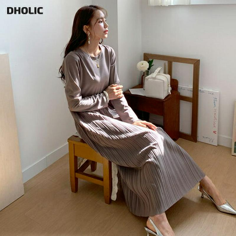 プリーツロングワンピース・全2色・b55142 レディース 【ops】【ワンピース ロング ロング丈 長袖 プリーツ フレア 切