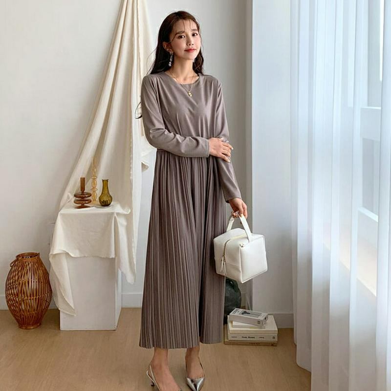 プリーツロングワンピース・全2色・b55142 レディース 【ops】【ワンピース ロング ロング丈 長袖 プリーツ フレア 切