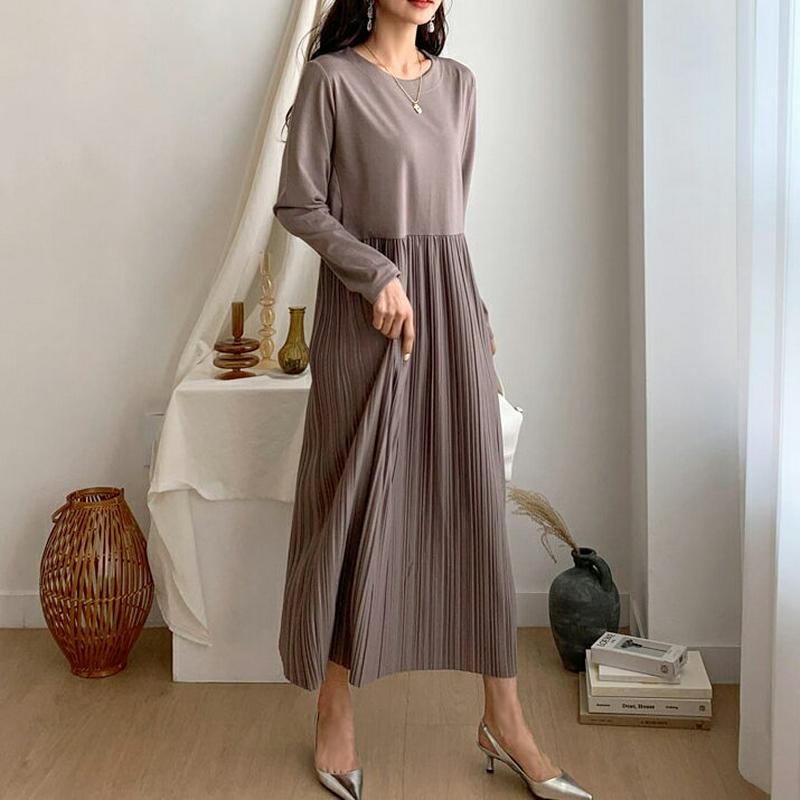 プリーツロングワンピース・全2色・b55142 レディース 【ops】【ワンピース ロング ロング丈 長袖 プリーツ フレア 切