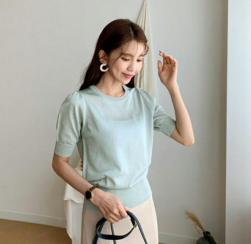 グリッター半袖ニット・全5色・b55129 レディース 【tops】【トップス Tシャツ ニット グリッター ラメ ラウンドネッ
