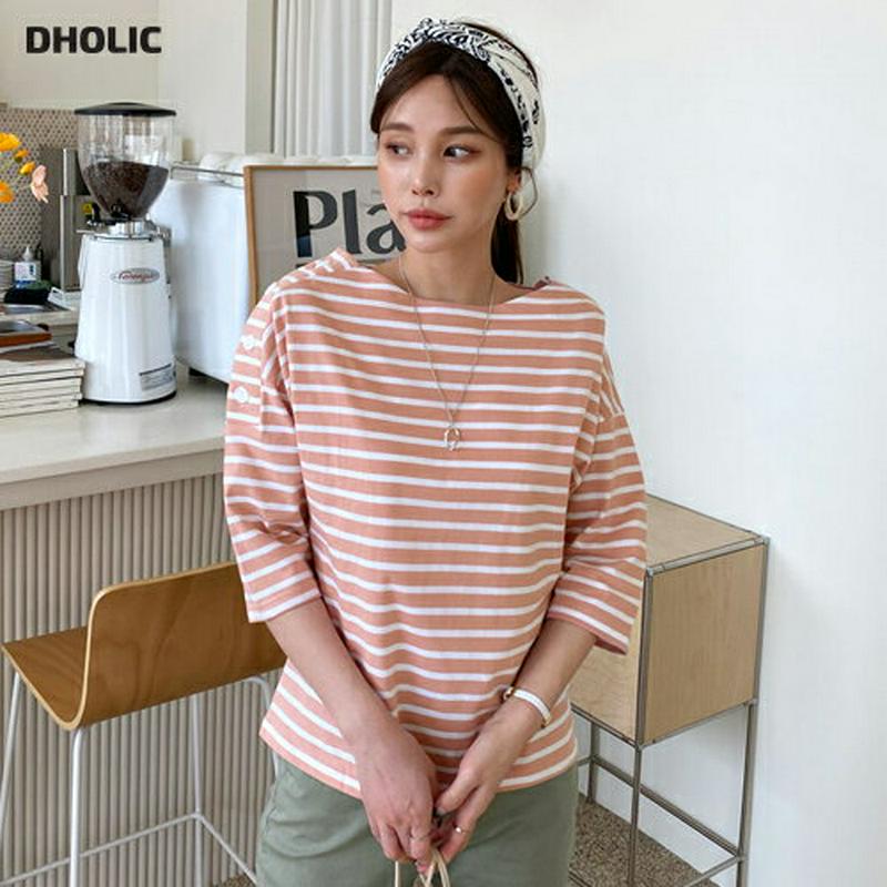 ボタンボーダーTシャツ・全3色・t61430 レディース【tops】【トップス Tシャツ ボーダー 柄 七分丈 七分袖 7分丈 