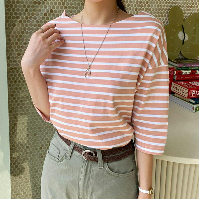 ボタンボーダーTシャツ・全3色・t61430 レディース【tops】【トップス Tシャツ ボーダー 柄 七分丈 七分袖 7分丈 