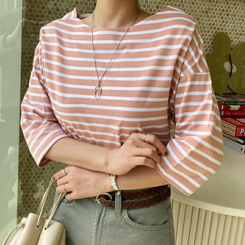 ボタンボーダーTシャツ・全3色・t61430 レディース【tops】【トップス Tシャツ ボーダー 柄 七分丈 七分袖 7分丈 