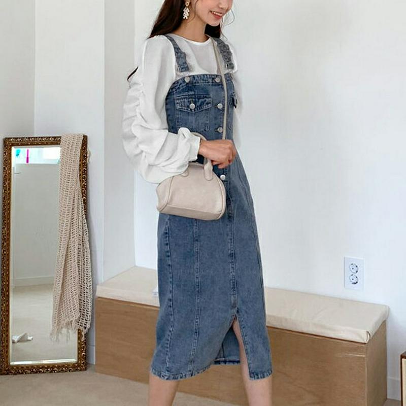 ボタンデニムワンピース・全1色・t55141 レディース 【ops】【ワンピース ミディ丈 ミディ 膝丈 デニム スクエアネック