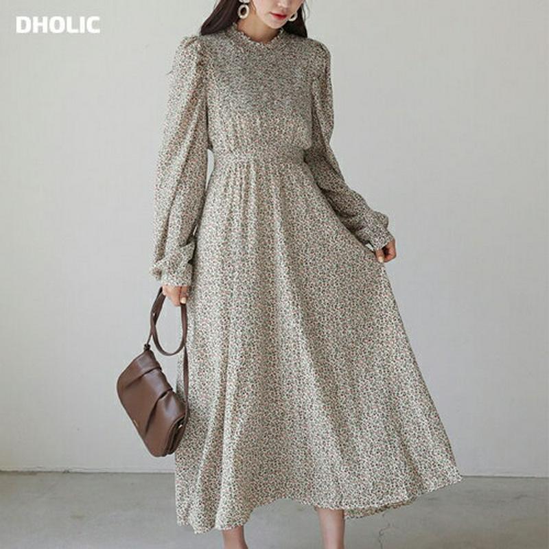 【マラソン特価】シャーリング小花柄ワンピース・全3色・58354 レディース 【ops】【ワンピース ロング丈 ロング フリル 