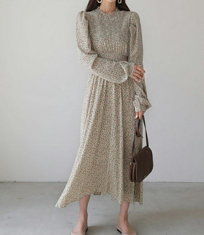 【マラソン特価】シャーリング小花柄ワンピース・全3色・58354 レディース 【ops】【ワンピース ロング丈 ロング フリル 