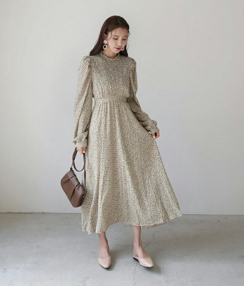 【マラソン特価】シャーリング小花柄ワンピース・全3色・58354 レディース 【ops】【ワンピース ロング丈 ロング フリル 