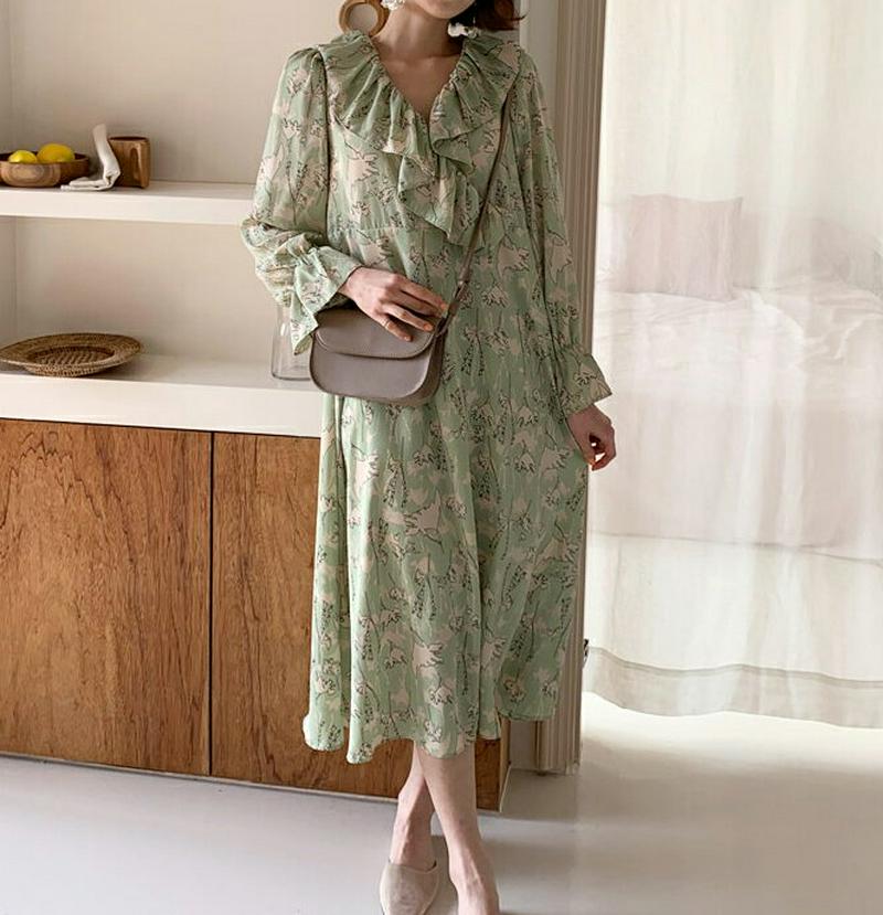 【マラソン特価】フリルフローラルワンピース・全3色・58355 レディース 【ops】【ワンピース ロング丈 ロング Vネック 