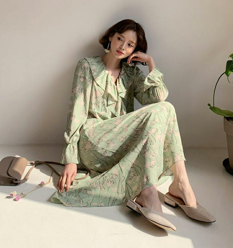 【マラソン特価】フリルフローラルワンピース・全3色・58355 レディース 【ops】【ワンピース ロング丈 ロング Vネック 