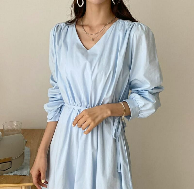 Vネックリボンワンピース・全3色・t58351 レディース 【ops】【ワンピース ロング丈 ロング Vネック リボン フレア 