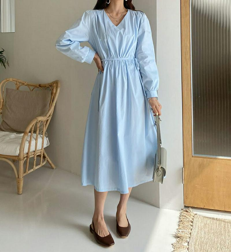 Vネックリボンワンピース・全3色・t58351 レディース 【ops】【ワンピース ロング丈 ロング Vネック リボン フレア 