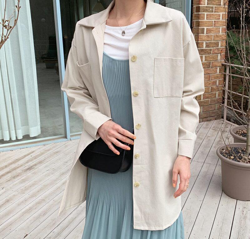 ベルト付ポケットシャツ・全3色・t58356 レディース 【bl】【韓国 ファッション ブラウス トップス シャツ 大きい ゆったり 長袖 無地 カジュアル ベルト セット 秋 春】