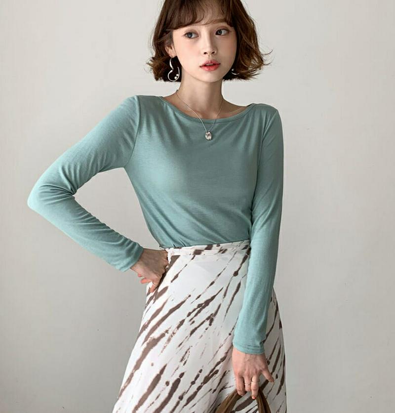 スリムラウンドネックTシャツ・全6色・58344 レディース 【tops】【トップス Tシャツ ボートネック ラウンドネック 長