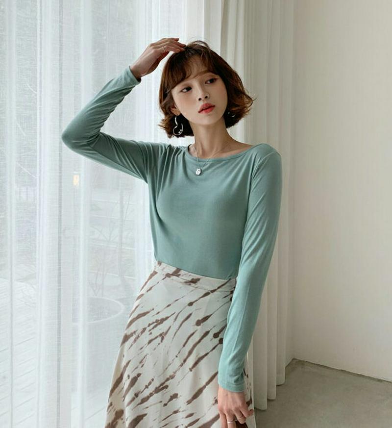 スリムラウンドネックTシャツ・全6色・58344 レディース 【tops】【トップス Tシャツ ボートネック ラウンドネック 長