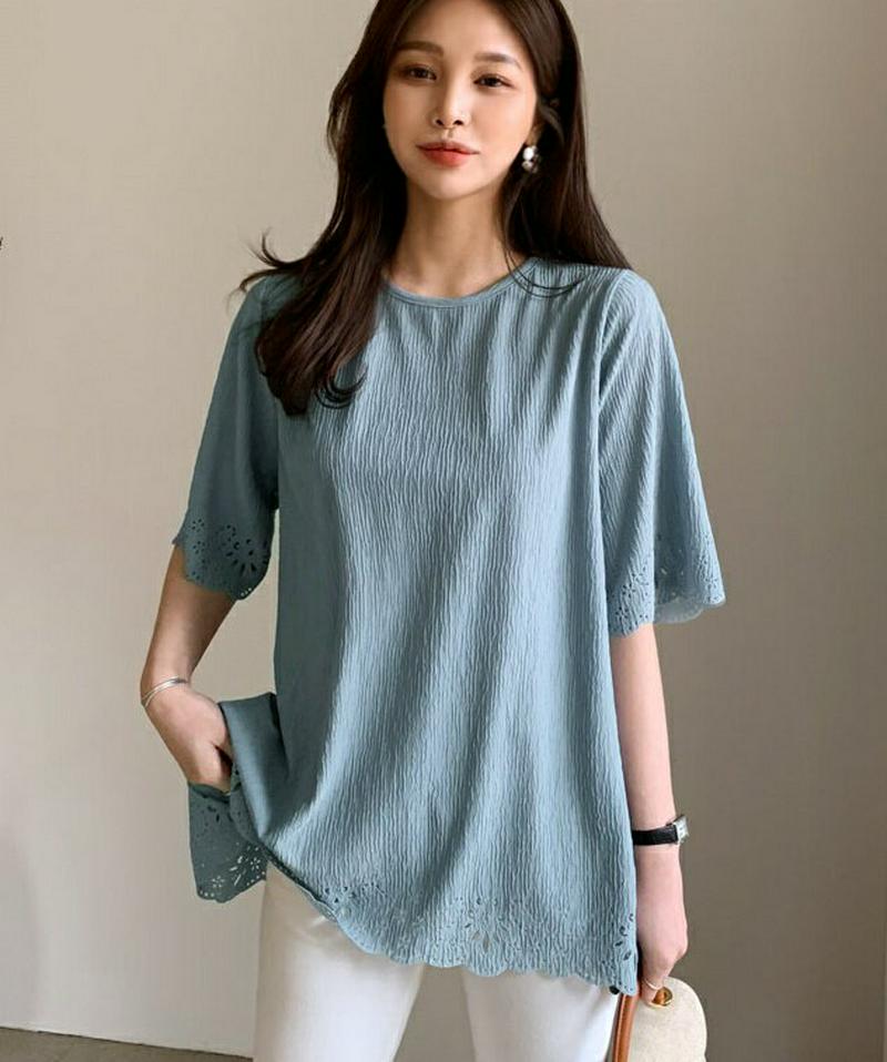 パンチングヘムTシャツ・全4色・b61388 レディース【tops】【トップス Tシャツ 半袖 ハーフスリーブ パンチング 花 