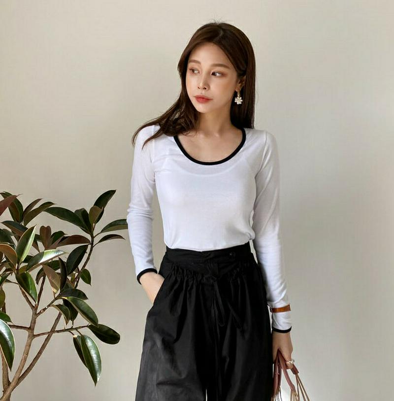 配色UネックTシャツ・全4色・61384 レディース【tops】【トップス Tシャツ 配色 Uネック　長袖 カジュアル スリム 