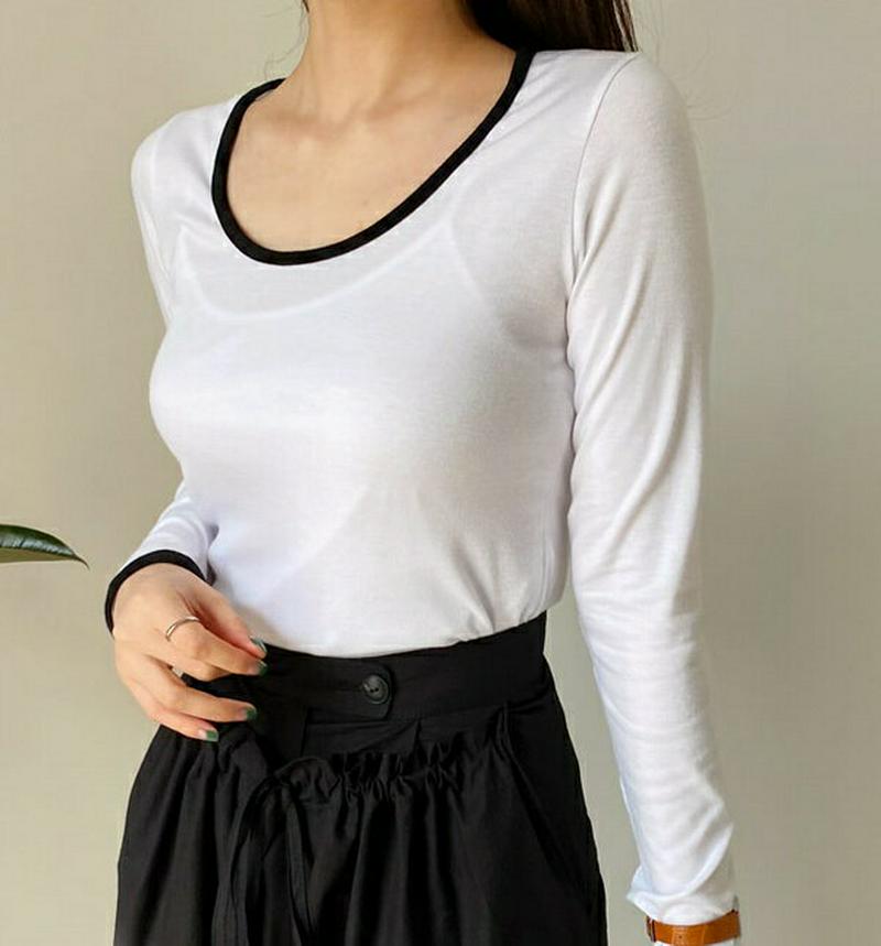 配色UネックTシャツ・全4色・61384 レディース【tops】【トップス Tシャツ 配色 Uネック　長袖 カジュアル スリム 