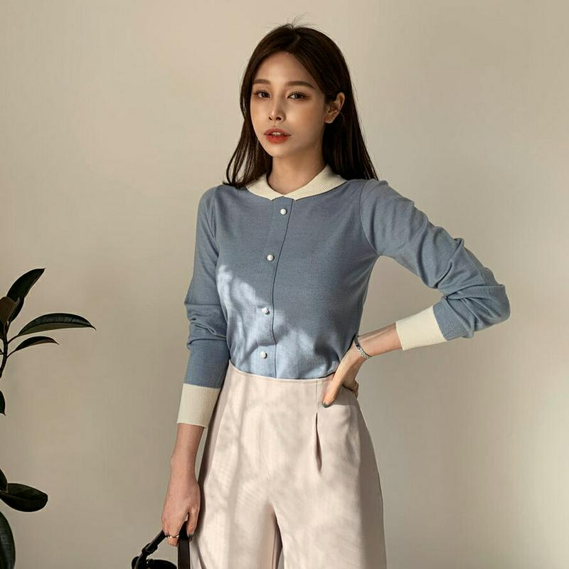 パールボタン配色ニット・全5色・b61394 レディース【tops】【トップス ニット ニットトップス 長袖 配色 パールボタン
