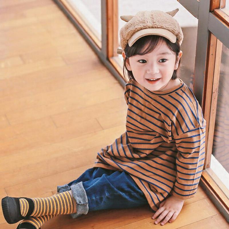 VガゼットボーダーTシャツ・p000019 キッズ【3~8才】【tops】【トップス Tシャツ ロンT ボーダー 柄 長袖 カジュアル ラフ ゆったり 女の子 男の子 80cm 90cm 100cm 115cm 125cm 子供 こども 子供服 こども服 春 秋 冬】【KIDS】
