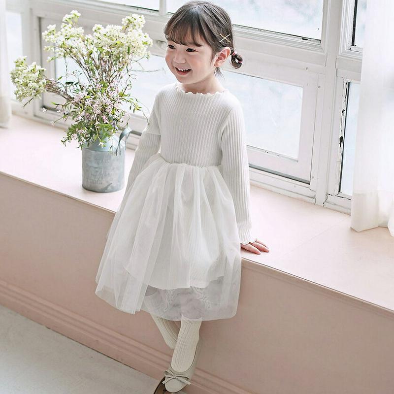 メロウヘム切替チュールワンピース・p000018 キッズ【3~8才】【ops】【ワンピース 長袖 異素材MIX チュール レイヤード風 綿 コットン ベビー 子供服 キッズ ジュニア 子供 こども 女の子 かわいい】【KIDS】