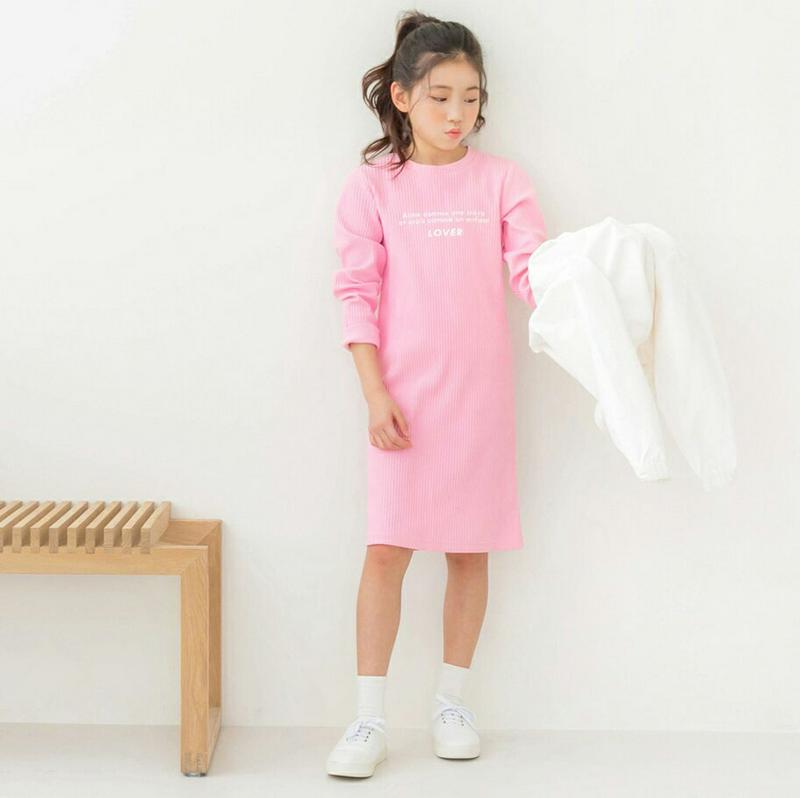 英字リブワンピース・p00003 キッズ【3~8才】【ops】【ワンピース ミディ丈 ミディワンピース ひざ丈 ロゴ ロゴワンピ