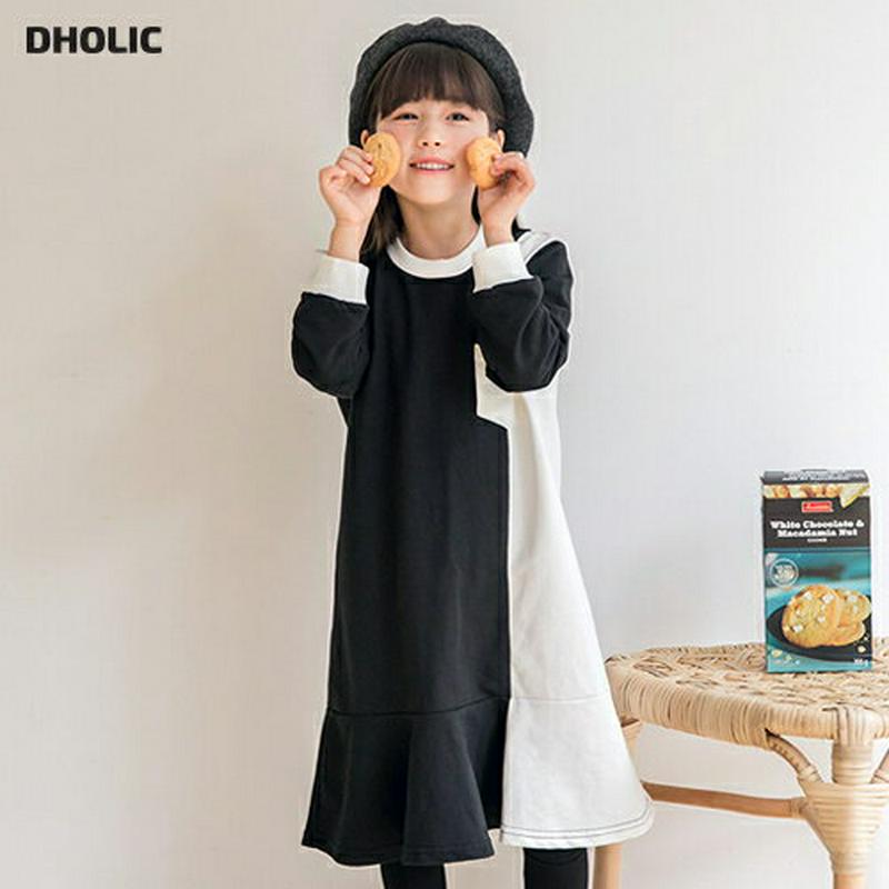 配色ワンポケットワンピース・p000132 キッズ【3~8才】【ops】【ワンピース 長袖 ラウンドネック 配色 カラーブロック