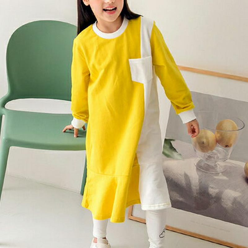 配色ワンポケットワンピース・p000132 キッズ【3~8才】【ops】【ワンピース 長袖 ラウンドネック 配色 カラーブロック