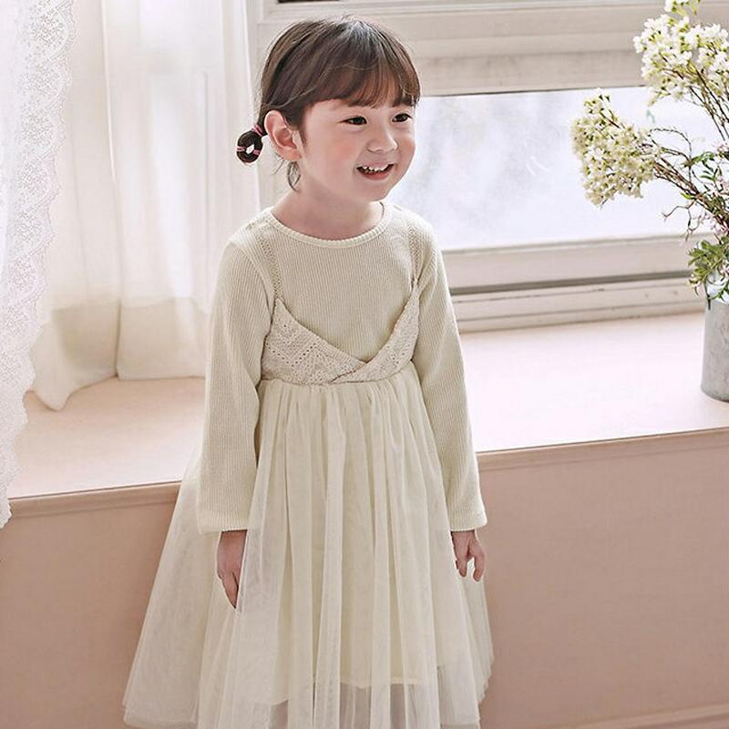 チュールキャミワンピース・p000014 キッズ【3~8才】【ops】【ワンピース 長袖 ラウンドネック チュール レイヤード風