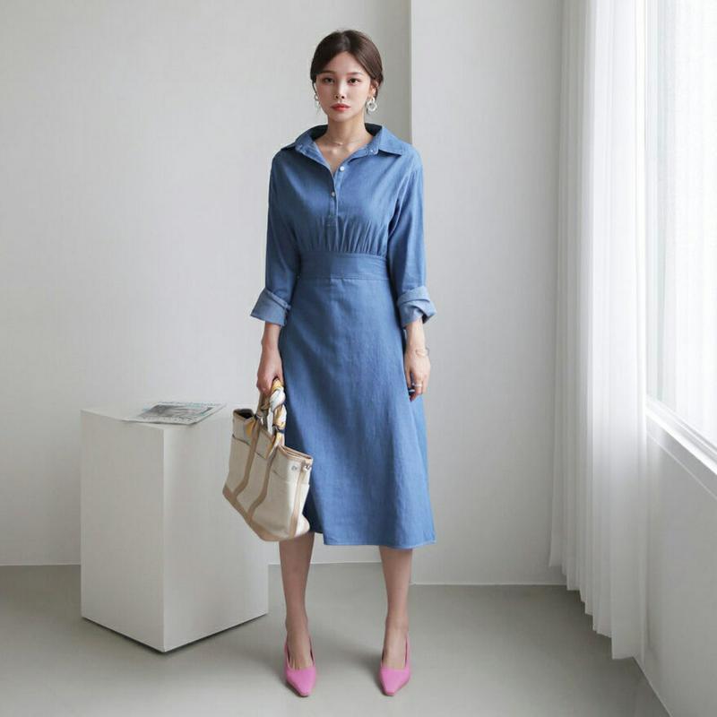 【只今10%OFF】デニムフレアワンピース・全2色・b61381 レディース【ops】【ワンピース ミディ丈 ミディワンピース 