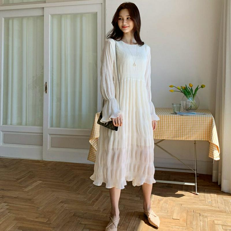 【スーパーセール特価】ストラップ付リンクルワンピース・全2色・b55583 レディース 【ops】【ワンピース ロング丈 ロング フレア ティアード 長袖 フレアスリーブ リンクル シースルー 無地 夏 秋 春】