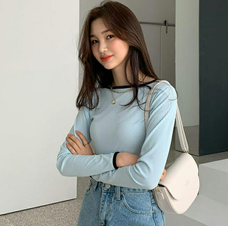 配色ボートネックリブTシャツ・全5色・t55606 レディース 【tops】【トップス Tシャツ カットソー リブTシャツ リブ