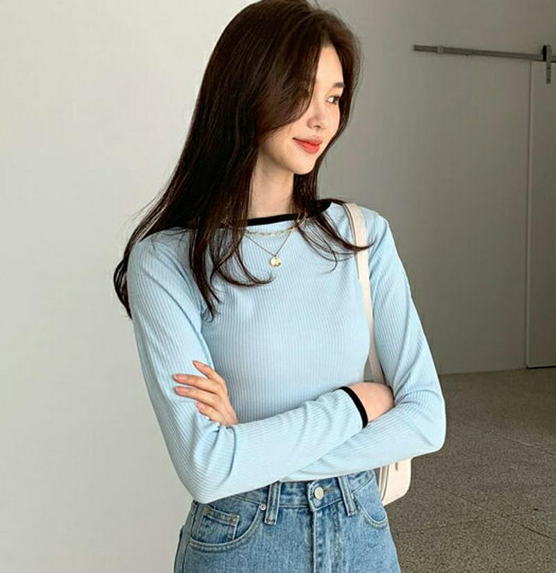 配色ボートネックリブTシャツ・全5色・t55606 レディース 【tops】【トップス Tシャツ カットソー リブTシャツ リブ