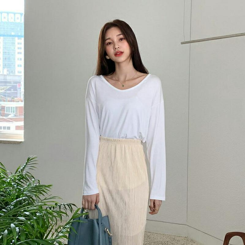 UネックラウンドヘムTシャツ・全4色・b55620 レディース 【tops】【トップス Tシャツ Uネック 深ネック 無地 ゆっ