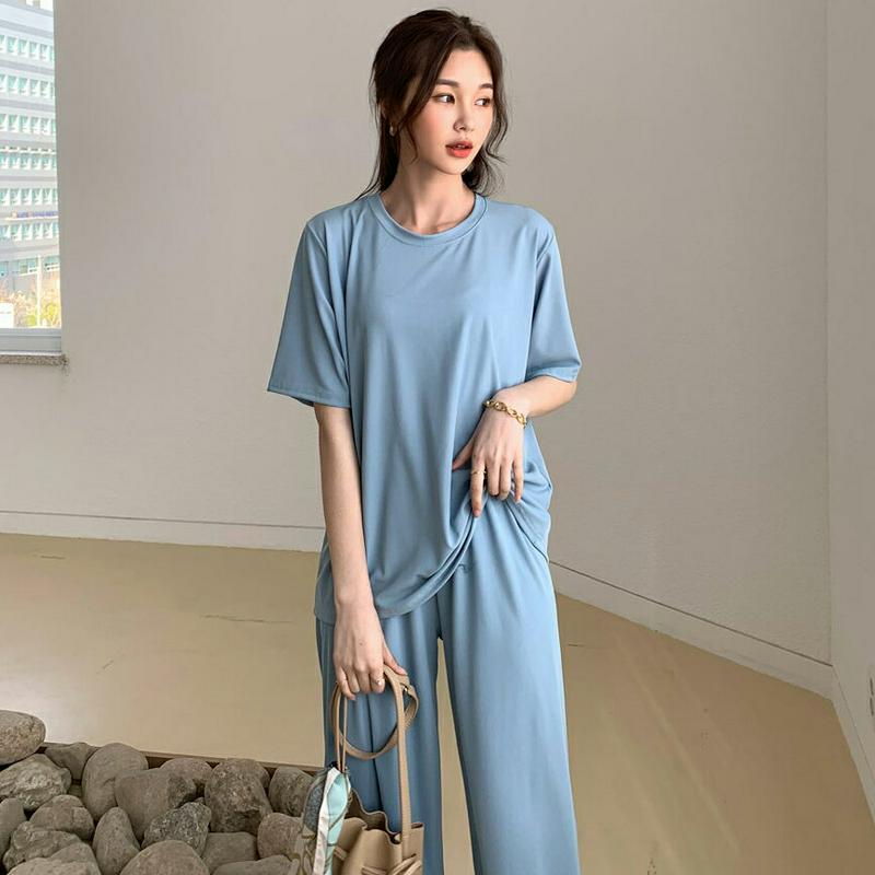 リブ半袖Tシャツ&パンツSET・全5色・b55637 レディース 【pt】【セットアップ Tシャツ カットソー トップス ラウン