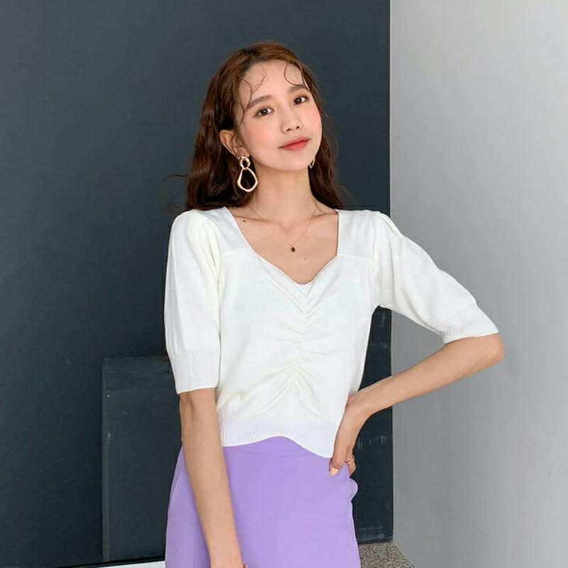 ギャザー半袖ニット・全5色・b55625 レディース 【tops】【トップス ニット Vネック ギャザー 半袖 5分袖 無地 上
