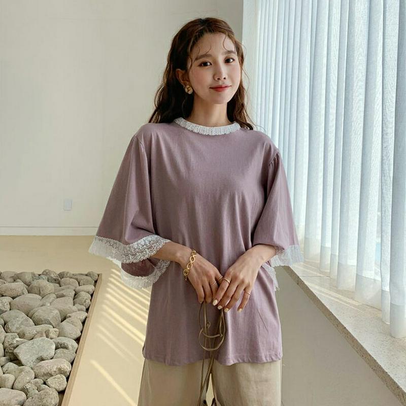 レーストリムTシャツ・全4色・b55629 レディース 【tops】【トップス Tシャツ カットソー ラウンドネック ハーフスリ