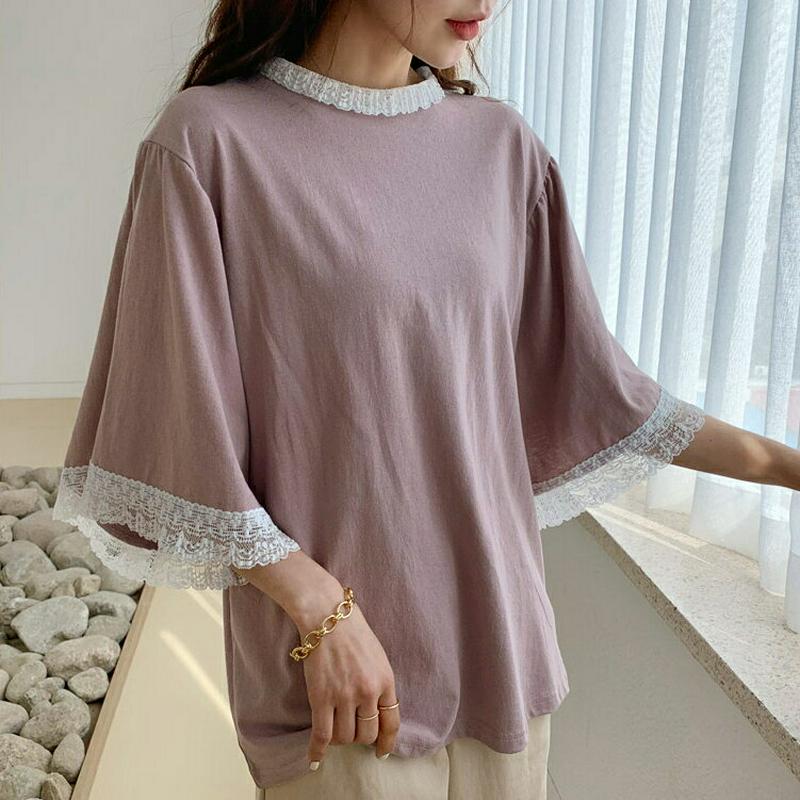 レーストリムTシャツ・全4色・b55629 レディース 【tops】【トップス Tシャツ カットソー ラウンドネック ハーフスリ