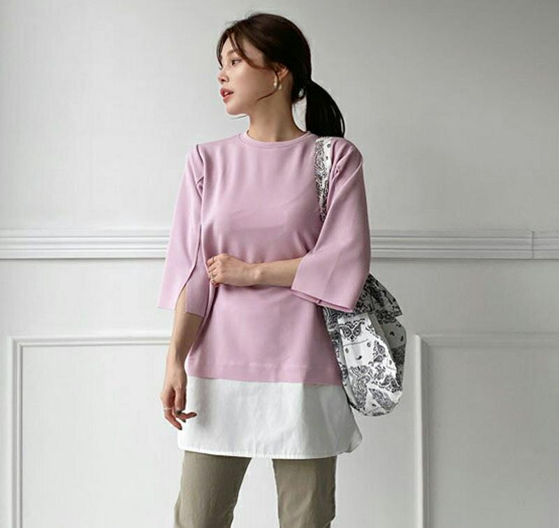 コントラストカラーTシャツ・全3色・b61474 レディース【tops】【トップス Tシャツ 半端丈 七分丈 七分袖 7分袖 7