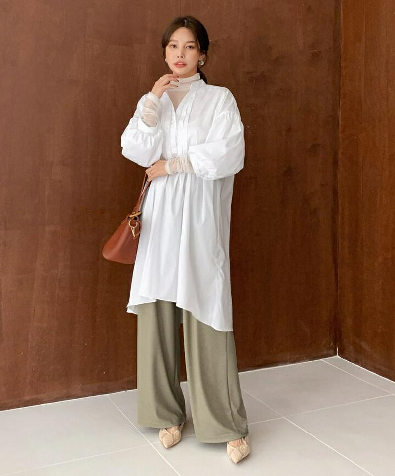 バンドカラーロングシャツ・全2色・b61480 レディース【bl】【トップス ロング シャツ ロングシャツ 長丈 バンドカラー 