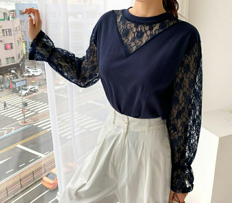 レースコントラストパフTシャツ・全3色・b61465 レディース【tops】【トップス Tシャツ パフスリーブ 長袖 パフ袖 袖