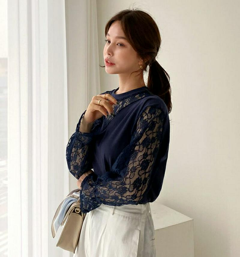 レースコントラストパフTシャツ・全3色・b61465 レディース【tops】【トップス Tシャツ パフスリーブ 長袖 パフ袖 袖