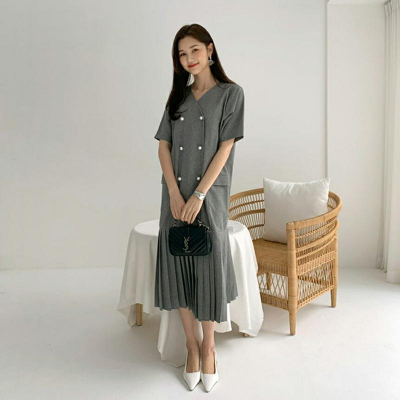 ダブルパールボタンワンピース・全4色・t58441 レディース 【ops】【ワンピース ロング ロングワンピース Vネック ダブ